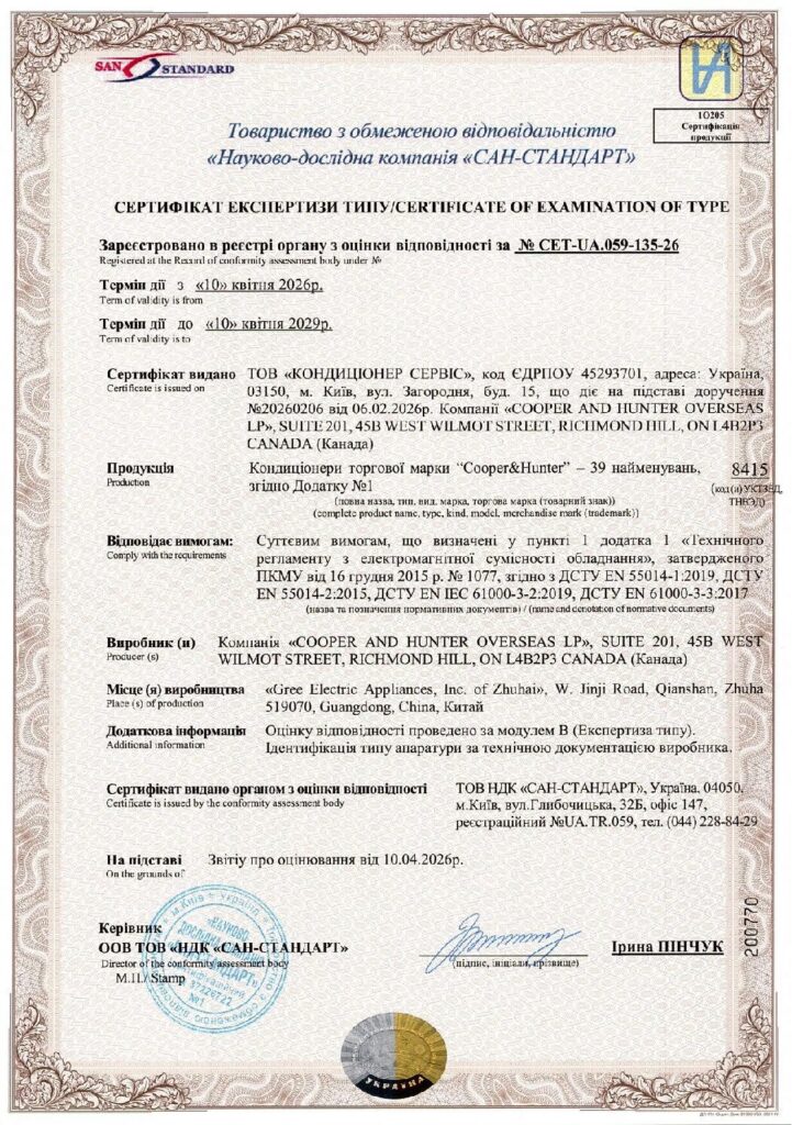 2026-2029 C&H Кондиціонери Сертифікат Експертизи Електромагнітна сумісність